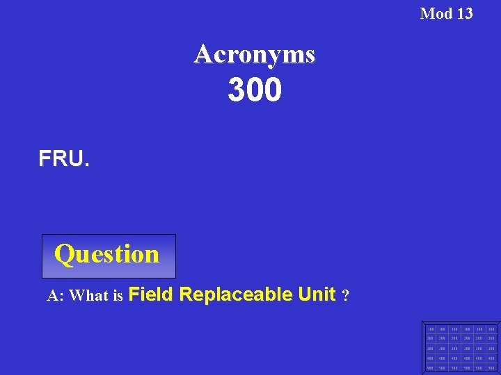 Mod 13 Acronyms 300 FRU. Question A: What is Field Replaceable Unit ? 100