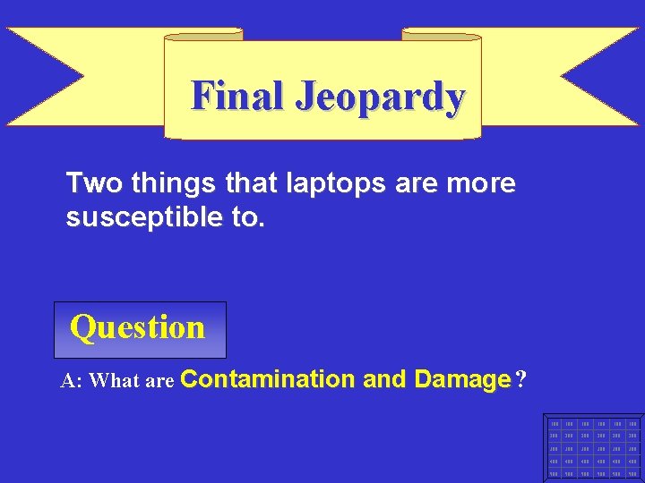 Mod 13 Final Jeopardy Two things that laptops are more susceptible to. Question A: