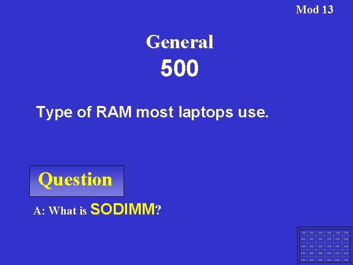 Mod 13 General 500 Type of RAM most laptops use. Question A: What is