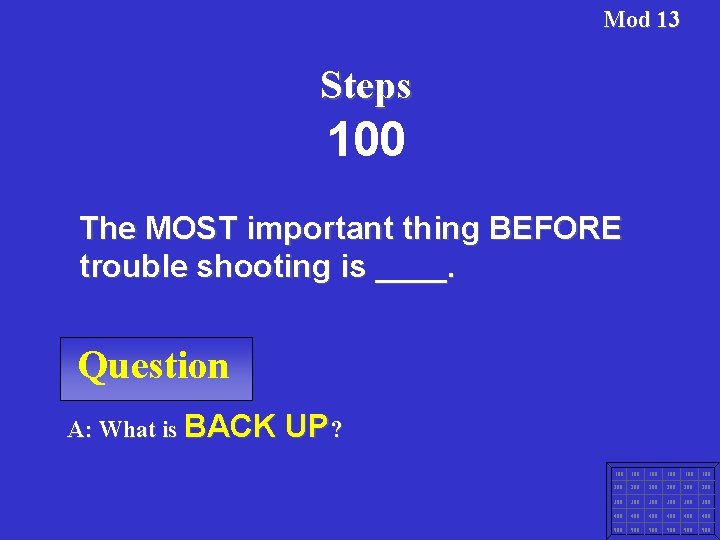 Mod 13 Steps 100 The MOST important thing BEFORE trouble shooting is ____. Question