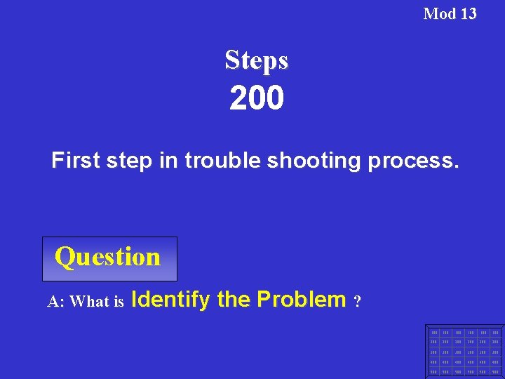 Mod 13 Steps 200 First step in trouble shooting process. Question A: What is