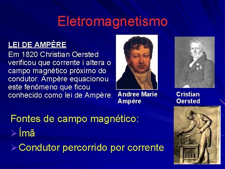 Eletromagnetismo LEI DE AMPÈRE Em 1820 Christian Oersted verificou que corrente i altera o Eletromagnetismo LEI DE AMPÈRE Em 1820 Christian Oersted verificou que corrente i altera o