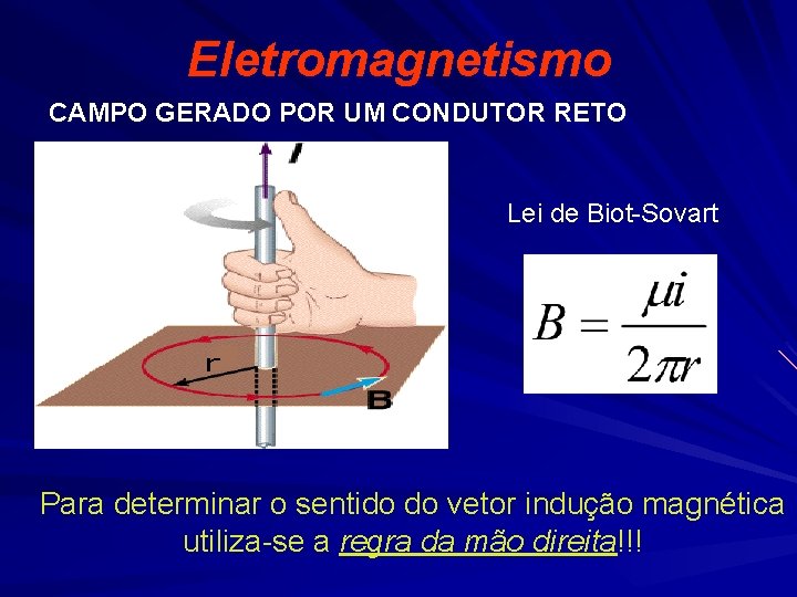 Eletromagnetismo CAMPO GERADO POR UM CONDUTOR RETO Lei de Biot-Sovart Para determinar o sentido Eletromagnetismo CAMPO GERADO POR UM CONDUTOR RETO Lei de Biot-Sovart Para determinar o sentido