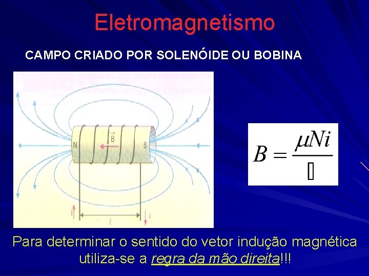 Eletromagnetismo CAMPO CRIADO POR SOLENÓIDE OU BOBINA Para determinar o sentido do vetor indução Eletromagnetismo CAMPO CRIADO POR SOLENÓIDE OU BOBINA Para determinar o sentido do vetor indução