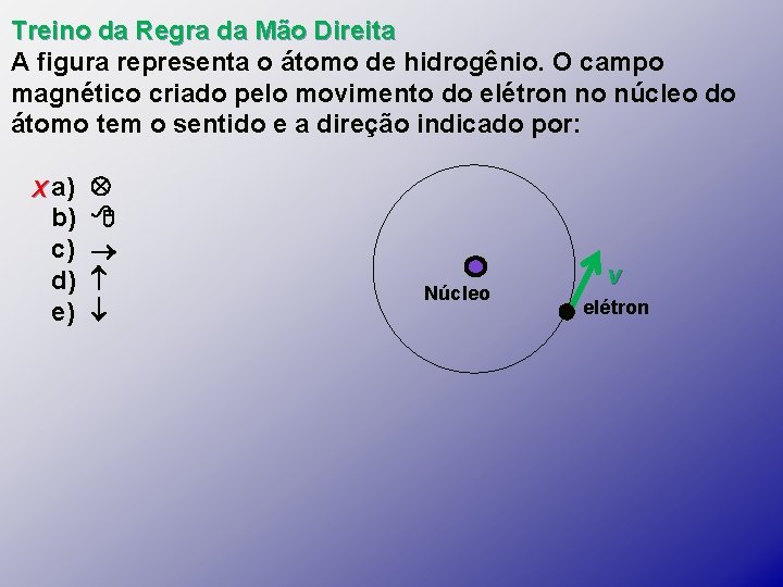 Treino da Regra da Mão Direita A figura representa o átomo de hidrogênio. O Treino da Regra da Mão Direita A figura representa o átomo de hidrogênio. O