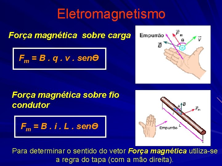 Eletromagnetismo Força magnética sobre carga Fm = B. q. v. senӨ Força magnética sobre Eletromagnetismo Força magnética sobre carga Fm = B. q. v. senӨ Força magnética sobre