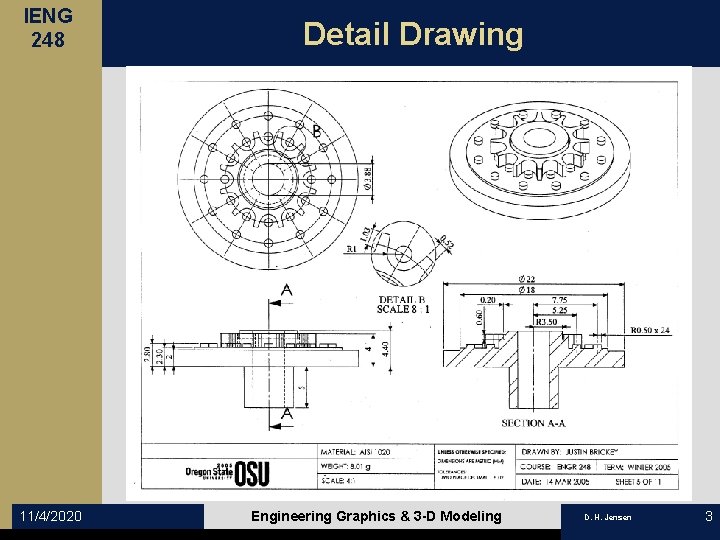 IENG 248 11/4/2020 Detail Drawing Engineering Graphics & 3 -D Modeling D. H. Jensen