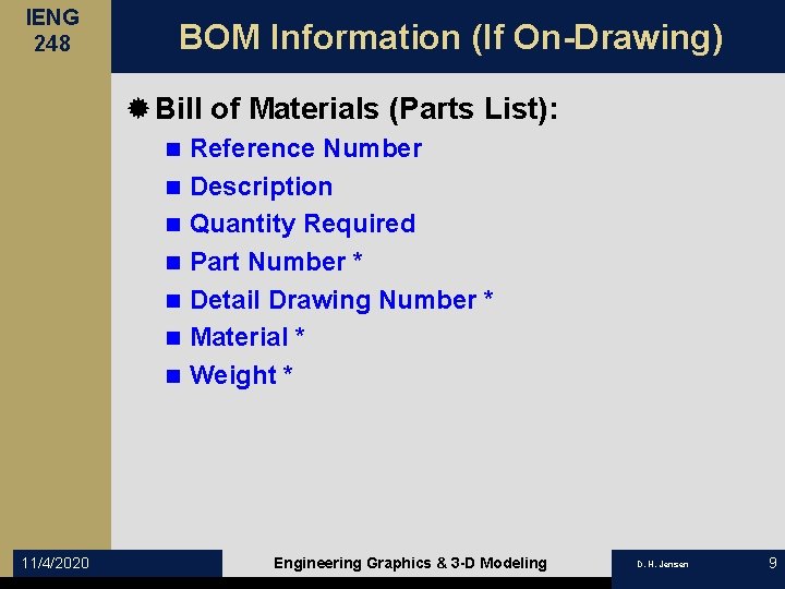 IENG 248 BOM Information (If On-Drawing) ® Bill of Materials (Parts List): n n