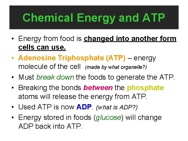 Chemical Energy and ATP • Energy from food is changed into another form cells Chemical Energy and ATP • Energy from food is changed into another form cells