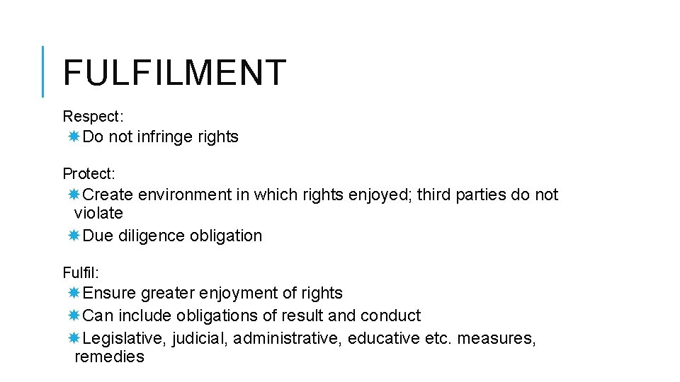 FULFILMENT Respect: Do not infringe rights Protect: Create environment in which rights enjoyed; third