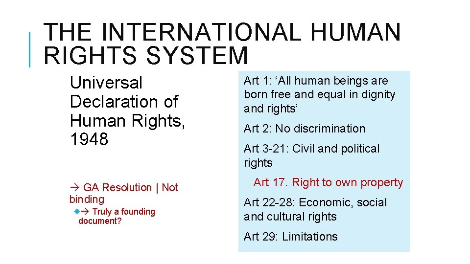 THE INTERNATIONAL HUMAN RIGHTS SYSTEM Universal Declaration of Human Rights, 1948 GA Resolution |