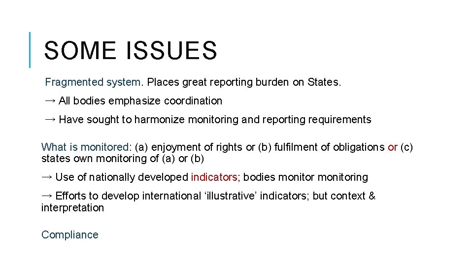 SOME ISSUES Fragmented system. Places great reporting burden on States. → All bodies emphasize