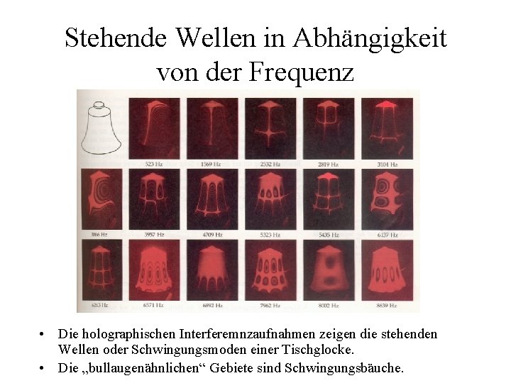 Stehende Wellen in Abhängigkeit von der Frequenz • Die holographischen Interferemnzaufnahmen zeigen die stehenden