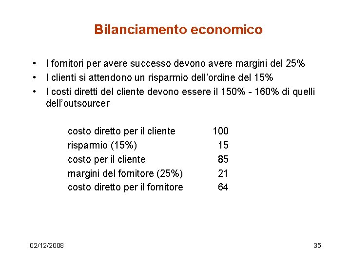 Bilanciamento economico • I fornitori per avere successo devono avere margini del 25% •