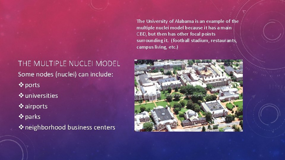 The University of Alabama is an example of the multiple nuclei model because it