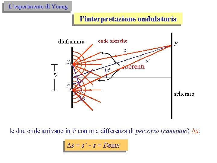 L’esperimento di Young l’interpretazione ondulatoria diaframma onde sferiche P s S 1 S D