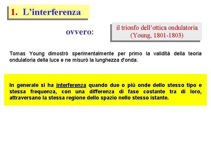 1. L’interferenza ovvero: il trionfo dell’ottica ondulatoria (Young, 1801 -1803) Tomas Young dimostrò sperimentalmente