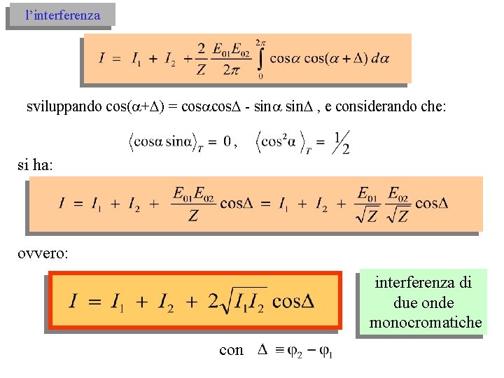 l’interferenza sviluppando cos( + ) = cos - sin , e considerando che: si