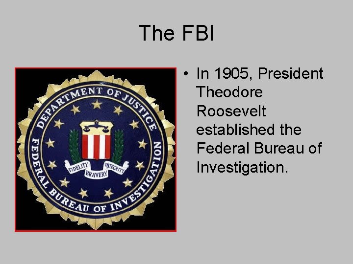 The FBI • In 1905, President Theodore Roosevelt established the Federal Bureau of Investigation.