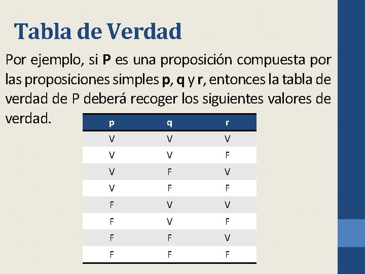 Tabla de Verdad Por ejemplo, si P es una proposición compuesta por las proposiciones