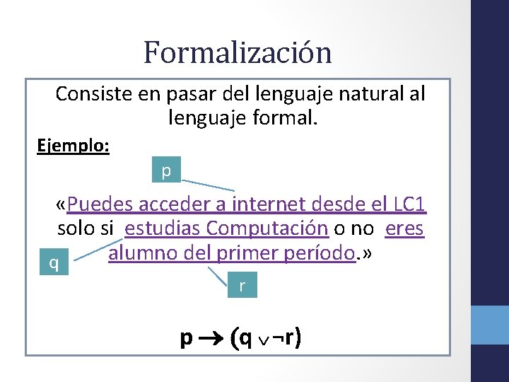 Formalización Consiste en pasar del lenguaje natural al lenguaje formal. Ejemplo: p «Puedes acceder