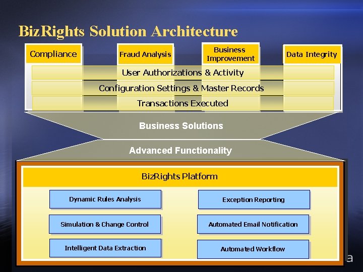 Biz. Rights Solution Architecture Compliance Fraud Analysis Business Improvement Data Integrity User Authorizations &