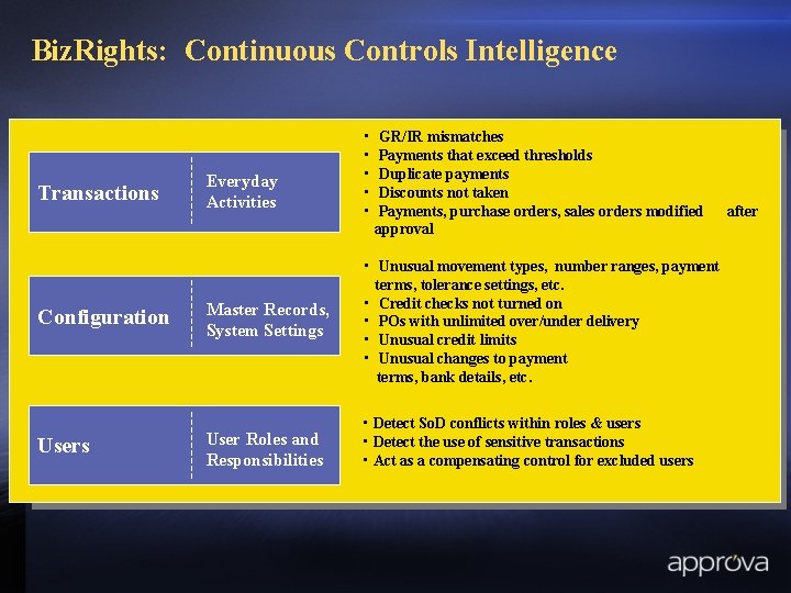 Biz. Rights: Continuous Controls Intelligence Transactions Configuration Users Everyday Activities • • • GR/IR
