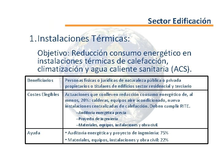 Sector Edificación 1. Instalaciones Térmicas: Objetivo: Reducción consumo energético en instalaciones térmicas de calefacción,