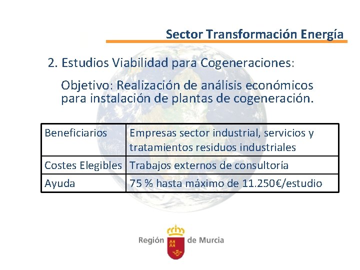 Sector Transformación Energía 2. Estudios Viabilidad para Cogeneraciones: Objetivo: Realización de análisis económicos para