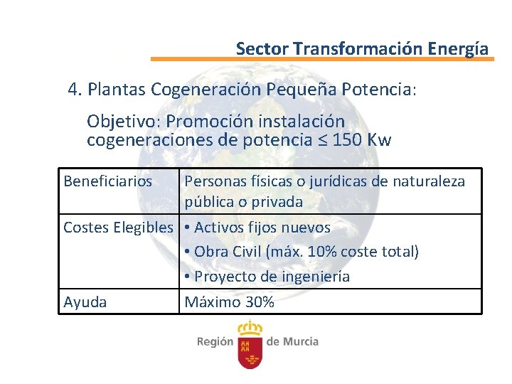 Sector Transformación Energía 4. Plantas Cogeneración Pequeña Potencia: Objetivo: Promoción instalación cogeneraciones de potencia