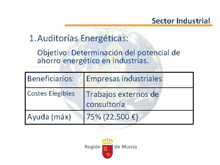 Sector Industrial 1. Auditorías Energéticas: Objetivo: Determinación del potencial de ahorro energético en industrias.