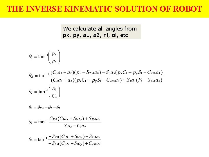 THE INVERSE KINEMATIC SOLUTION OF ROBOT We calculate all angles from px, py, a