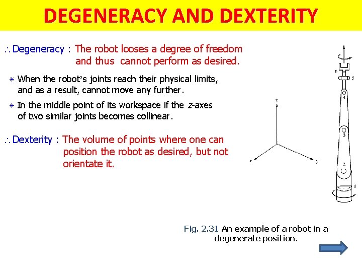 DEGENERACY AND DEXTERITY Degeneracy : The robot looses a degree of freedom and thus