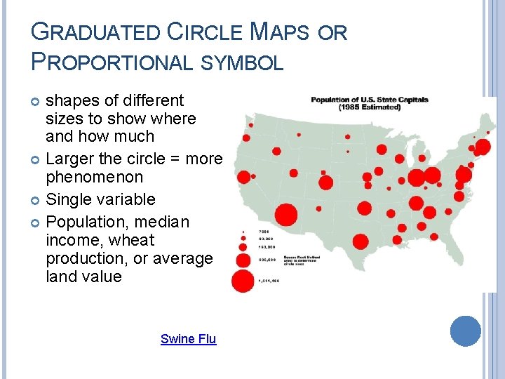 GRADUATED CIRCLE MAPS OR PROPORTIONAL SYMBOL shapes of different sizes to show where and