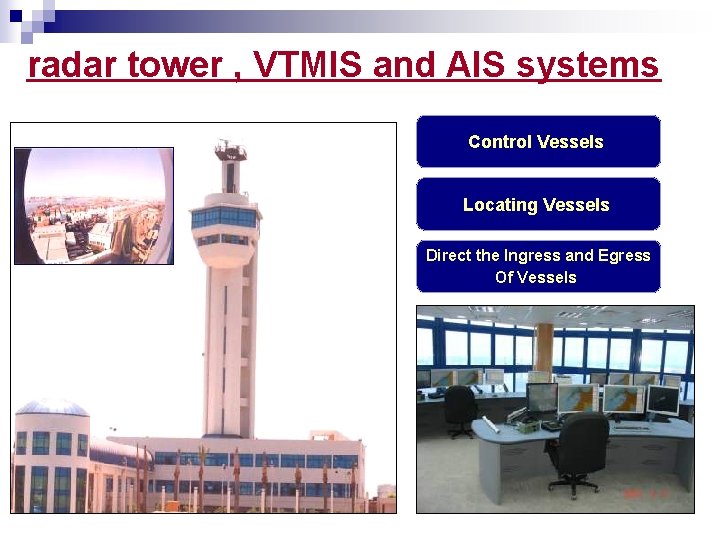 radar tower , VTMIS and AIS systems Control Vessels Locating Vessels Direct the Ingress