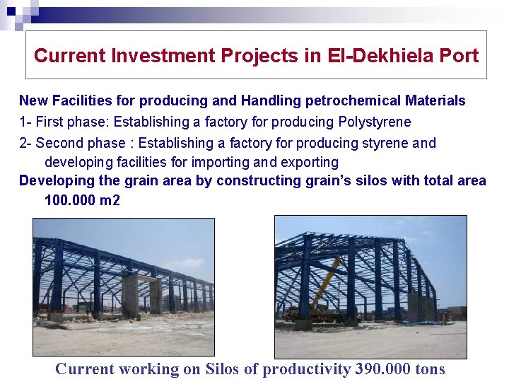 Current Investment Projects in El-Dekhiela Port New Facilities for producing and Handling petrochemical Materials