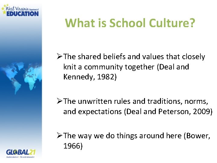 What is School Culture? ØThe shared beliefs and values that closely knit a community