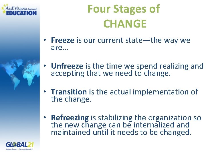 Four Stages of CHANGE • Freeze is our current state—the way we are… •