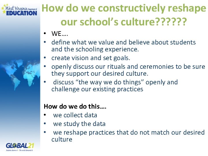 How do we constructively reshape our school’s culture? ? ? • WE…. • define