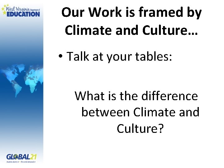 Our Work is framed by Climate and Culture… • Talk at your tables: What