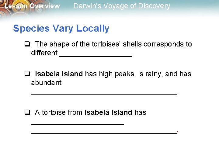 Lesson Overview Darwin’s Voyage of Discovery Species Vary Locally q The shape of the