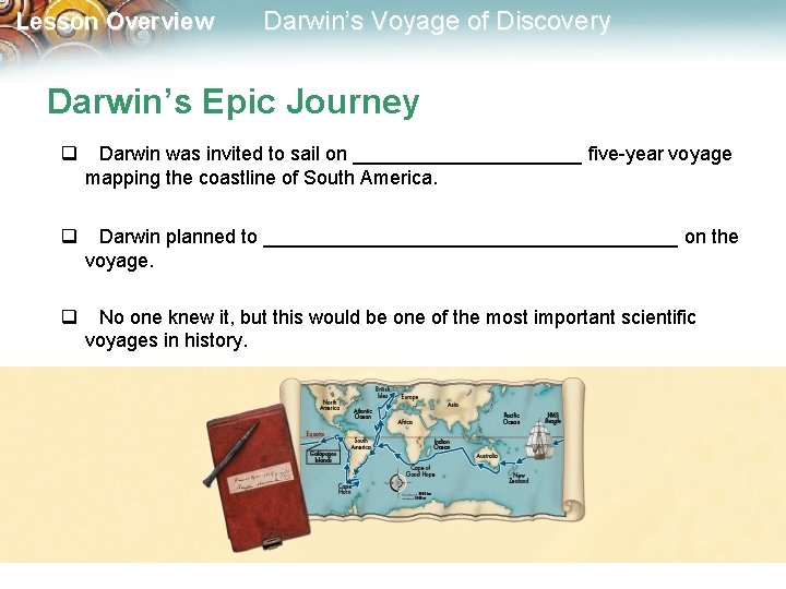 Lesson Overview Darwin’s Voyage of Discovery Darwin’s Epic Journey q Darwin was invited to
