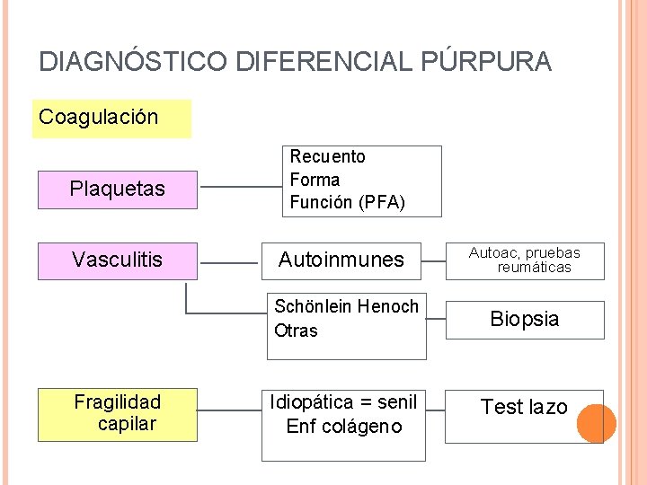 DIAGNÓSTICO DIFERENCIAL PÚRPURA Coagulación Plaquetas Recuento Forma Función (PFA) Vasculitis Autoinmunes Fragilidad capilar Autoac, DIAGNÓSTICO DIFERENCIAL PÚRPURA Coagulación Plaquetas Recuento Forma Función (PFA) Vasculitis Autoinmunes Fragilidad capilar Autoac,