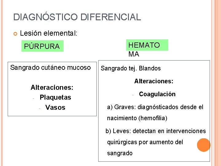 DIAGNÓSTICO DIFERENCIAL Lesión elemental: PÚRPURA Sangrado cutáneo mucoso Alteraciones: - Plaquetas - Vasos HEMATO DIAGNÓSTICO DIFERENCIAL Lesión elemental: PÚRPURA Sangrado cutáneo mucoso Alteraciones: - Plaquetas - Vasos HEMATO