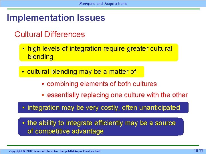 Mergersand & Acquisitions Implementation Issues Cultural Differences • high levels of integration require greater