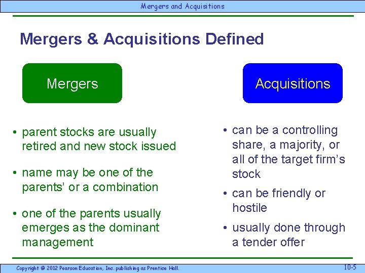 Mergersand & Acquisitions Mergers & Acquisitions Defined Mergers • parent stocks are usually retired