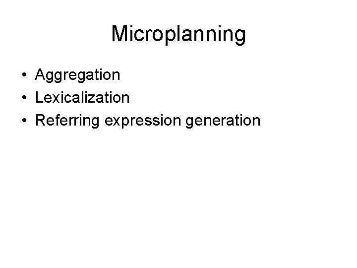 Microplanning • Aggregation • Lexicalization • Referring expression generation 