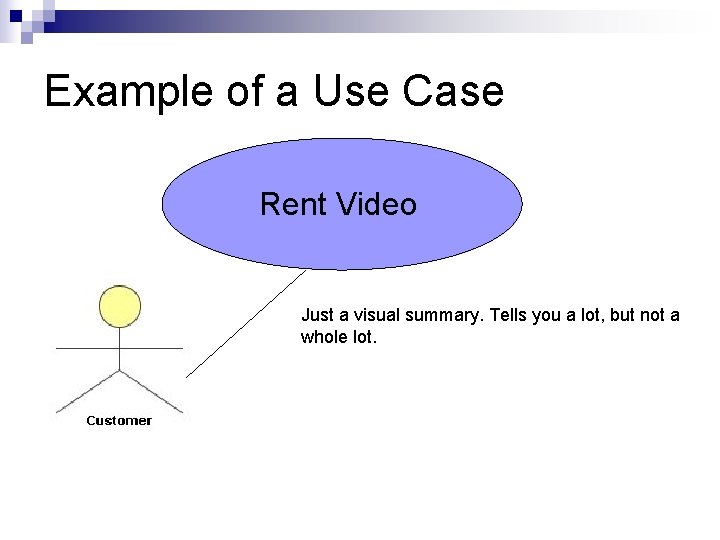 Example of a Use Case Rent Video Just a visual summary. Tells you a