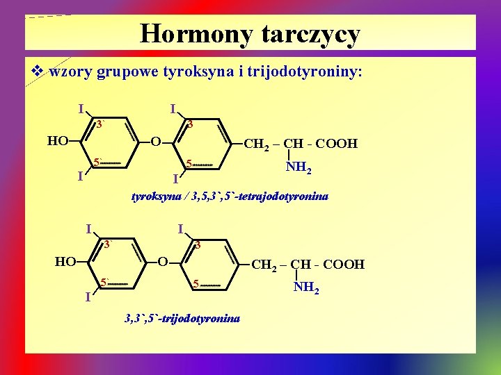 Hormony tarczycy v wzory grupowe tyroksyna i trijodotyroniny: I 3` HO 3 O CH