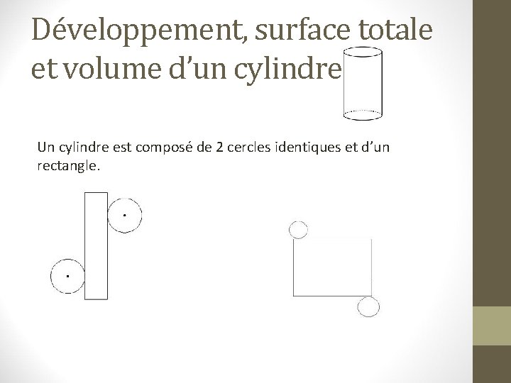 Développement, surface totale et volume d’un cylindre Un cylindre est composé de 2 cercles